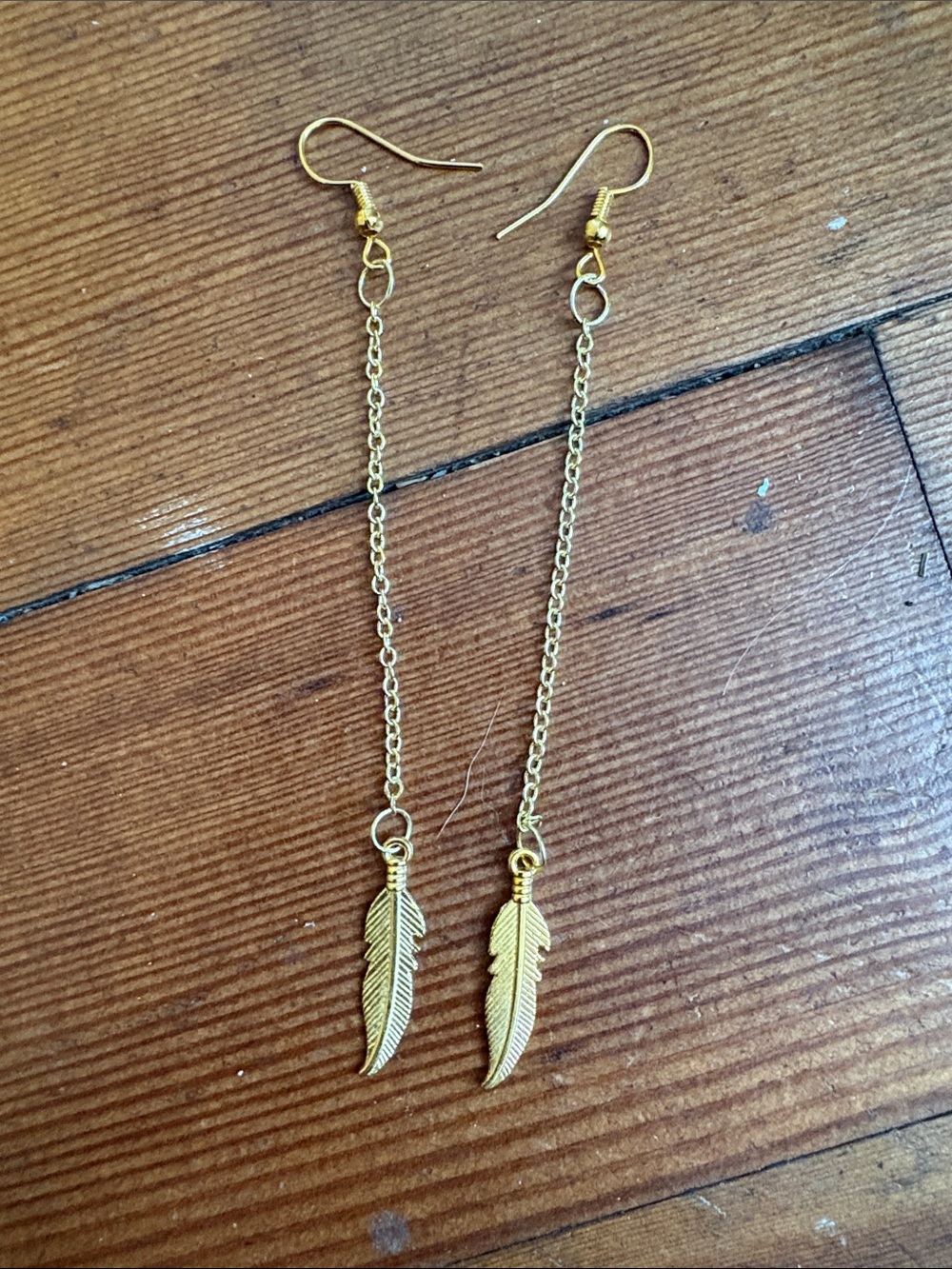 Hand-Crafted Gold Feather Drop Chain Earrings